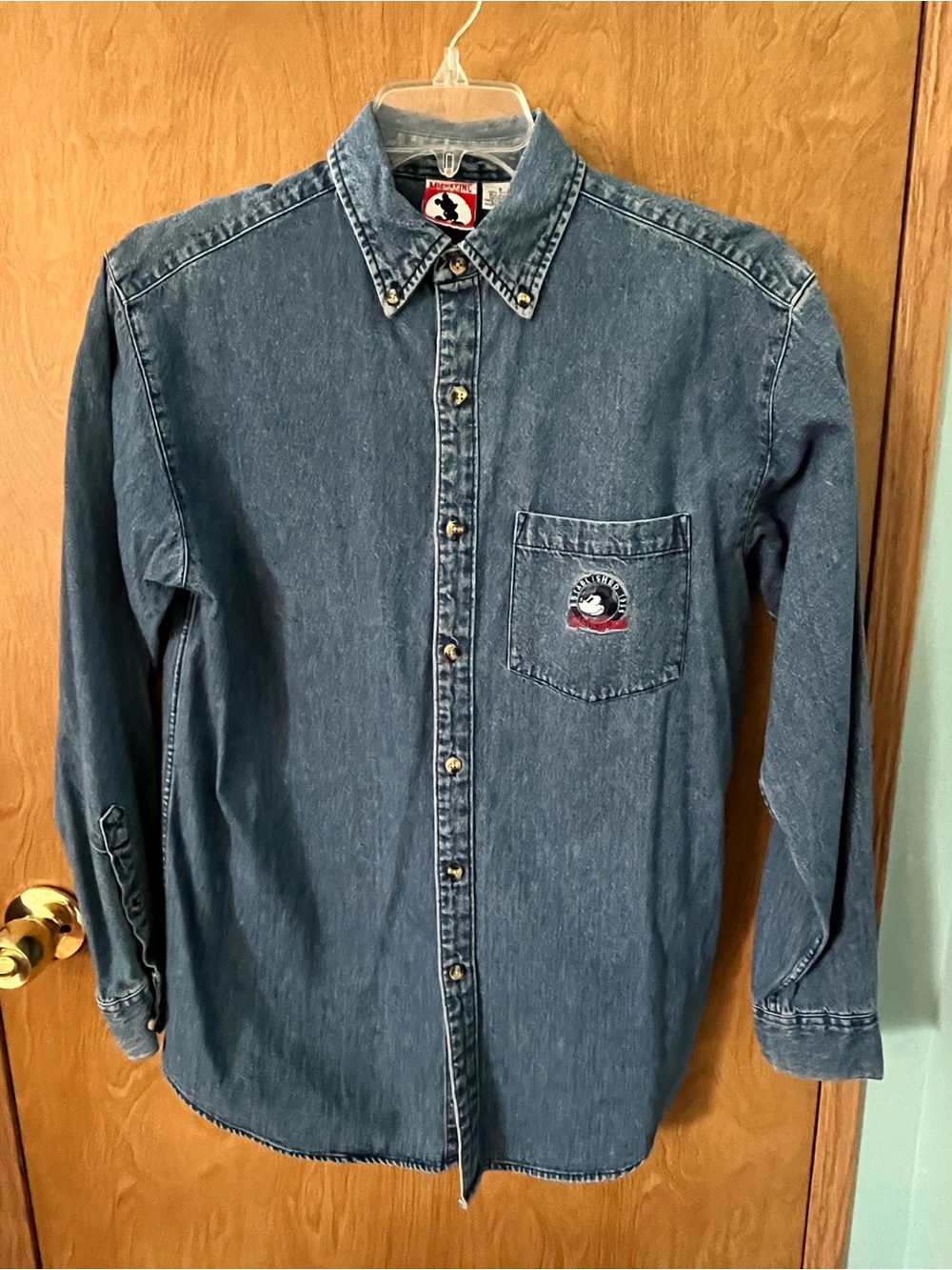 Walt Disney Mickey Inc 1990s Vintage Mens Blue Denim Long Sleeve Size Small VGUC